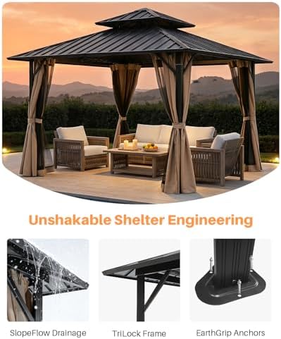 12' x 12' Hardtop Gazebo, Aluminum Frame Patio Hardtop Gazebos with Netting and Curtain, Outdoor Patio Pergola, alternate