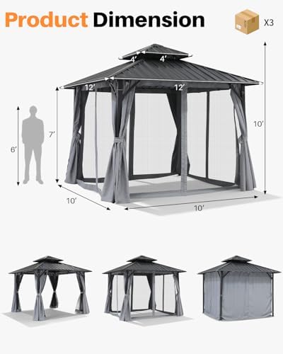 12' x 12' Hardtop Gazebo, Aluminum Frame Patio Hardtop Gazebos with Netting and Curtain, Outdoor Patio Pergola, alternate