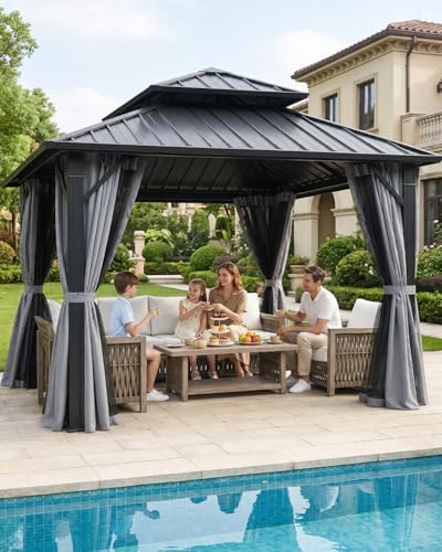 12' x 12' Hardtop Gazebo, Aluminum Frame Patio Hardtop Gazebos with Netting and Curtain, Outdoor Patio Pergola, alternate