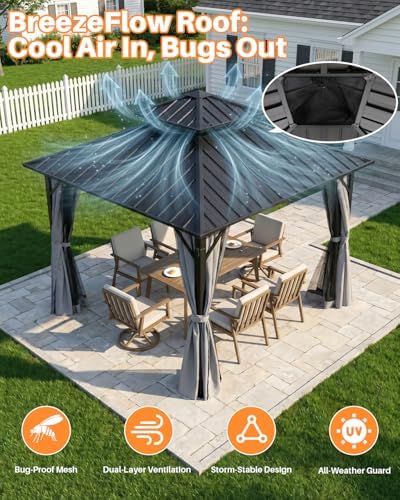12' x 12' Hardtop Gazebo, Aluminum Frame Patio Hardtop Gazebos with Netting and Curtain, Outdoor Patio Pergola, alternate