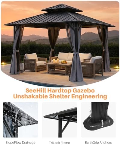12' x 12' Hardtop Gazebo, Aluminum Frame Patio Hardtop Gazebos with Netting and Curtain, Outdoor Patio Pergola, alternate