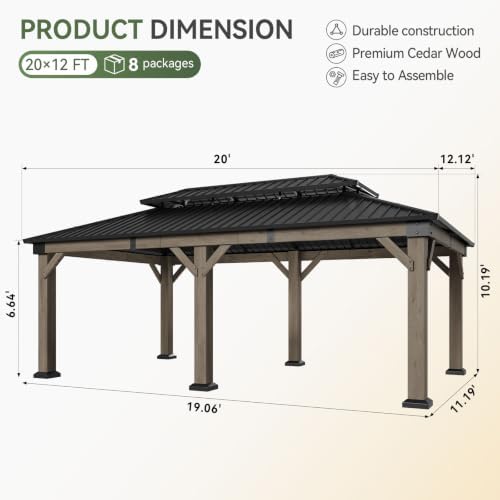 12' x 20' Cedar Wood Gazebo with Double Galvanized Steel Roof, Gray in Gray, alternate view 2
