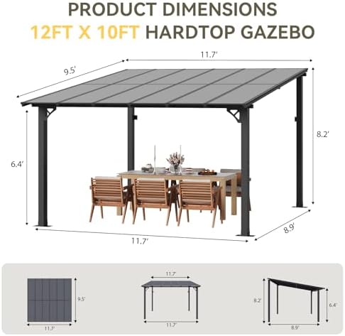 12’x10’ Gazebo for Patio, Pergola with Telescopic Support Post, Black in Black, alternate view 2