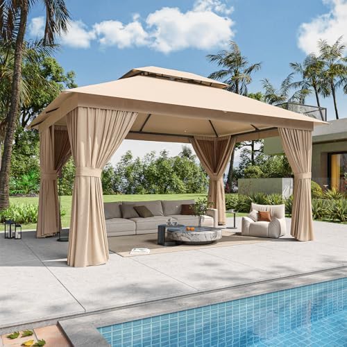 12'x10' Gazebo, Metal Frame Canopy with Double Roofs, Beige in Beige