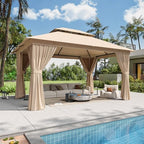 12'x10' Gazebo, Metal Frame Canopy with Double Roofs, Beige in Beige