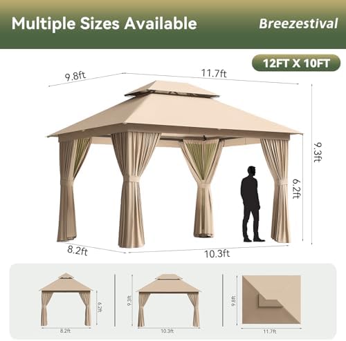 12'x10' Gazebo, Metal Frame Canopy with Double Roofs, Beige in Beige, alternate view 2