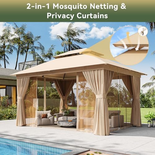 12'x10' Gazebo, Metal Frame Canopy with Double Roofs, Beige in Beige, alternate view 3