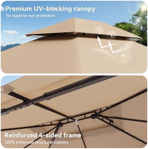 12'x10' Gazebo, Metal Frame Canopy with Double Roofs, Beige in Beige, alternate view 5