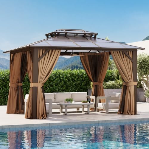 12'x10' Hardtop Gazebo with Polycarbonate Double Roof, Brown in Brown