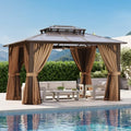 12'x10' Hardtop Gazebo with Polycarbonate Double Roof, Brown in Brown