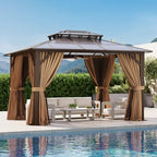 12'x10' Hardtop Gazebo with Polycarbonate Double Roof, Brown in Brown