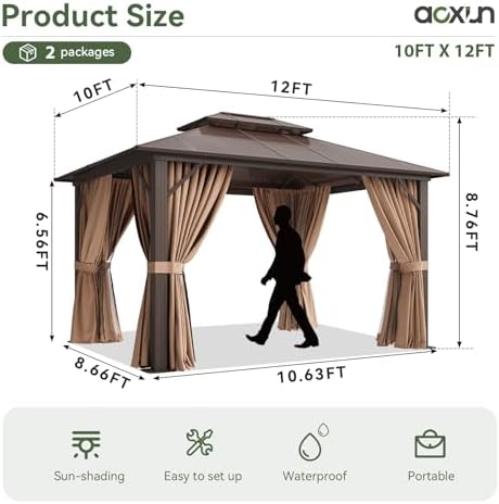 12'x10' Hardtop Gazebo with Polycarbonate Double Roof, Brown in Brown, alternate view 2