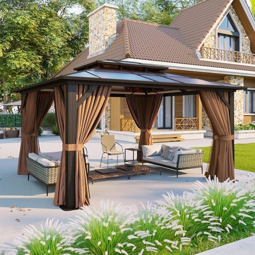 12'x10' Hardtop Gazebo with Polycarbonate Double Roof, Brown in Brown, alternate view 3