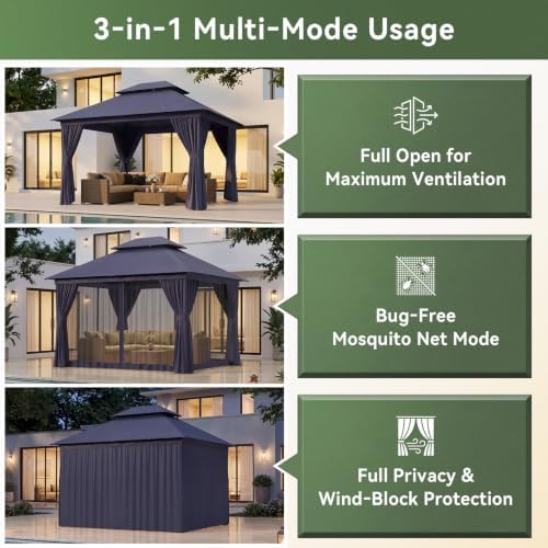 12'x10' Outdoor Gazebo with Curtain & Mosquito Netting, Blue in Blue, alternate view 5