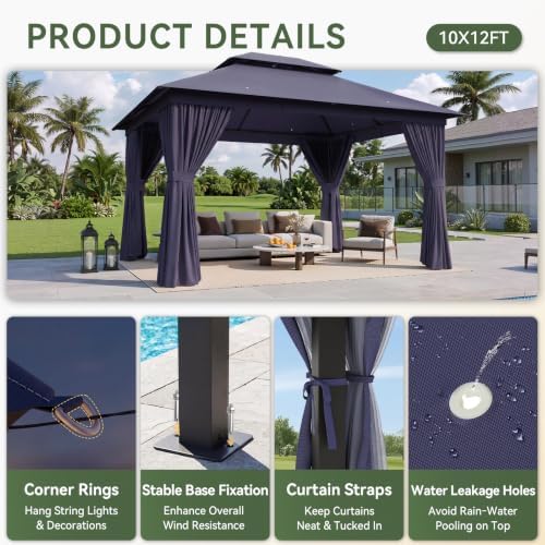12'x10' Outdoor Gazebo with Curtain & Mosquito Netting, Blue in Blue, alternate view 6