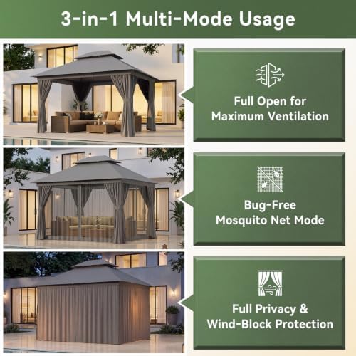 12'x10' Outdoor Gazebo with Curtain & Mosquito Netting, Gray in Gray, alternate view 5