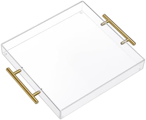 12"x12" Clear Acrylic Serving Tray with Golden Handles, Sturdy Huge Capacity Acrylic Trays for Coffee, Juice