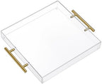 12"x12" Clear Acrylic Serving Tray with Golden Handles, Sturdy Huge Capacity Acrylic Trays for Coffee, Juice