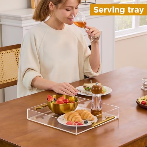 12"x12" Clear Acrylic Serving Tray with Golden Handles, Sturdy Huge Capacity Acrylic Trays for Coffee, Juice, alternate view