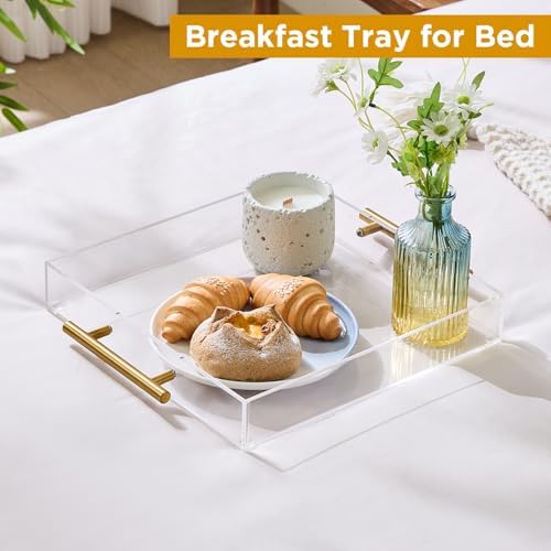 12"x12" Clear Acrylic Serving Tray with Golden Handles, Sturdy Huge Capacity Acrylic Trays for Coffee, Juice, alternate view