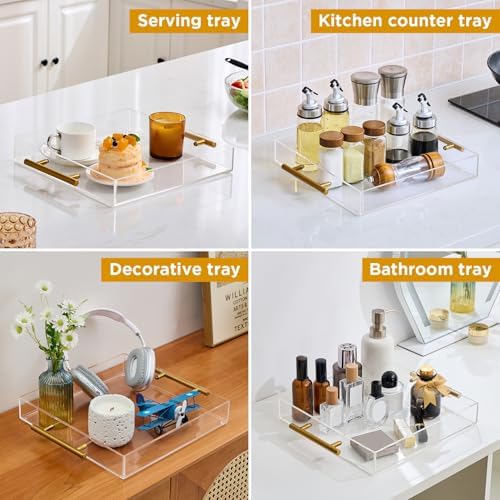 12"x12" Clear Acrylic Serving Tray with Golden Handles, Sturdy Huge Capacity Acrylic Trays for Coffee, Juice, alternate view