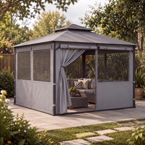 12'x12' Gazebo Privacy Curtains with Mesh Windows, Gray in Gray