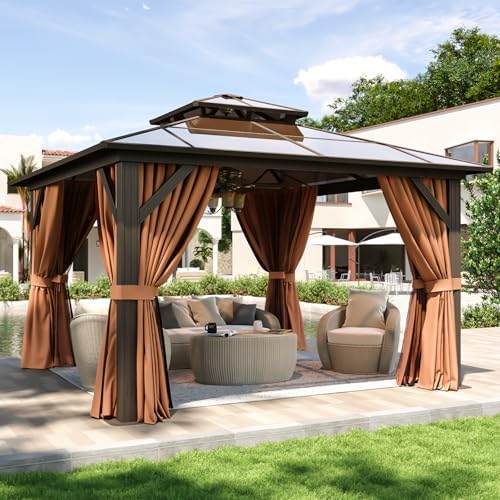 12'x12' Hardtop Gazebo with Polycarbonate Double Roof, Brown in Brown
