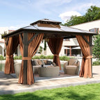12'x12' Hardtop Gazebo with Polycarbonate Double Roof, Brown in Brown