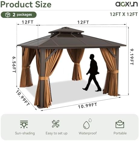 12'x12' Hardtop Gazebo with Polycarbonate Double Roof, Brown in Brown, alternate view 2