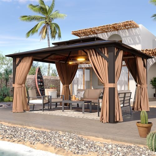 12'x14' Hardtop Gazebo with Polycarbonate Double Roof, Brown in Brown