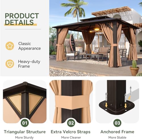 12'x14' Hardtop Gazebo with Polycarbonate Double Roof, Brown in Brown, alternate view 6