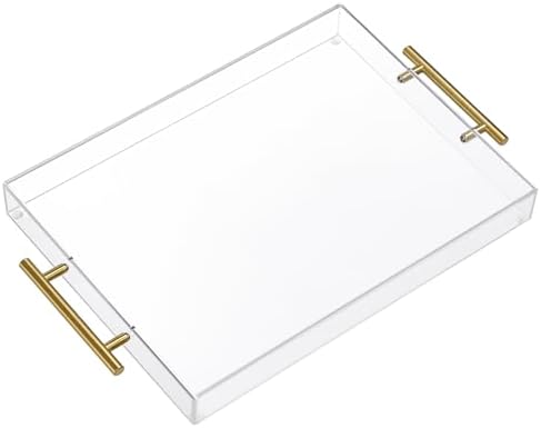 12"x16" Clear Acrylic Serving Tray with Golden Handles, Sturdy Huge Capacity Acrylic Tray for Coffee, Juice