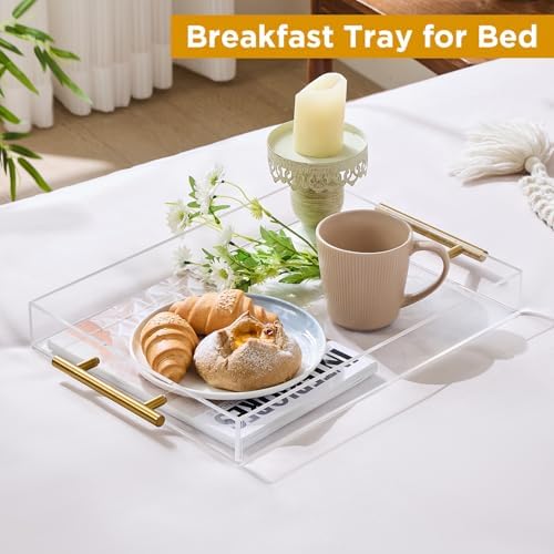 12"x16" Clear Acrylic Serving Tray with Golden Handles, Sturdy Huge Capacity Acrylic Tray for Coffee, Juice, alternate view 2