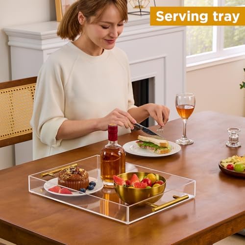 12"x16" Clear Acrylic Serving Tray with Golden Handles, Sturdy Huge Capacity Acrylic Tray for Coffee, Juice, alternate view 4