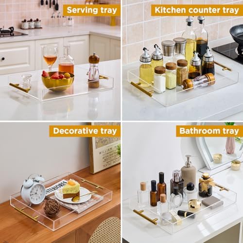 12"x16" Clear Acrylic Serving Tray with Golden Handles, Sturdy Huge Capacity Acrylic Tray for Coffee, Juice, alternate view 5