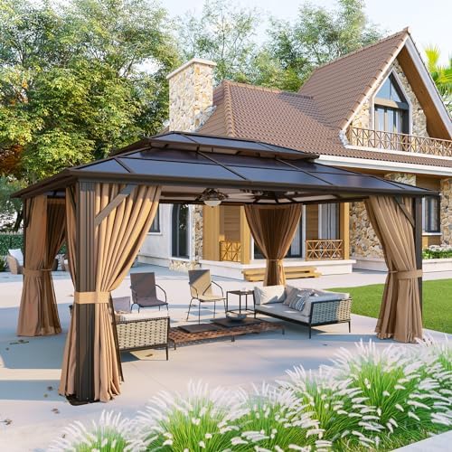 12'x16' Gazebo with Polycarbonate Double Roof, Light Brown in Light Brown