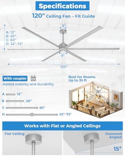 120 Inch HVLS Industrial Ceiling Fan, Extra Large Commercial Ceiling Fan with Aluminum Blades, Reversible DC, alternate view