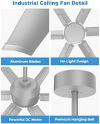 120 Inch HVLS Industrial Ceiling Fan, Extra Large Commercial Ceiling Fan with Aluminum Blades, Reversible DC, alternate view