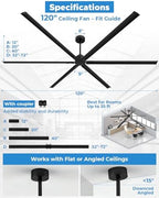 120 Inch HVLS Industrial Ceiling Fan with Control, Big Assed Fan in Black, alternate view 2