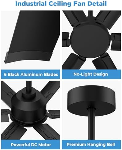 120 Inch HVLS Industrial Ceiling Fan with Control, Big Assed Fan in Black, alternate view 6