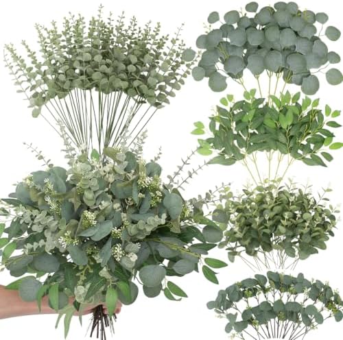 120 Pcs Artificial Mixed Eucalyptus Stems Bulk, Green in Green