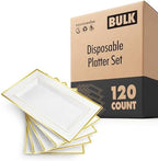 (120 Pcs) Premium White and Gold Plastic Serving Tray, Plastic Serving Platter Disposable, White Rectangle Party