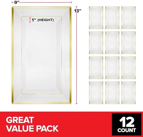 (120 Pcs) Premium White and Gold Plastic Serving Tray, Plastic Serving Platter Disposable, White Rectangle Party, alternate