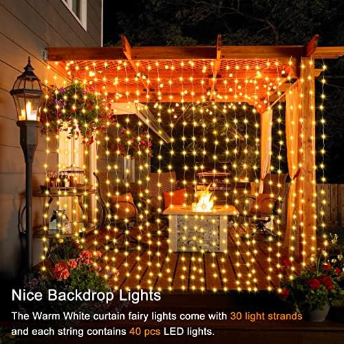1200 LED Curtain Fairy Lights 10Ftx10Ft with Timer Remote Control Plug in in Warm White, alternate view 6