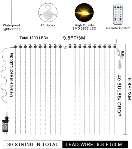 1200 LED Curtain Fairy Lights 10Ftx10Ft with Timer Remote Control Plug in in Warm White, alternate view 7