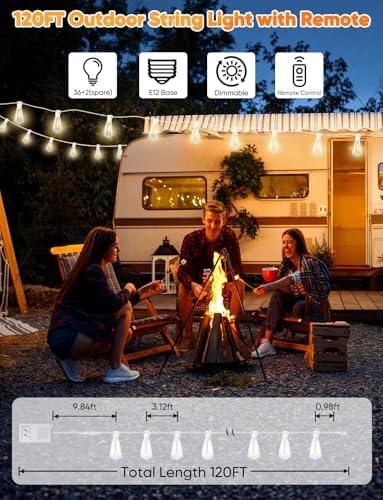 120FT LED Outdoor String Lights with Remote, Patio Lights Outdoor Waterproof with 38 Shatterproof Edison Bulbs, alternate