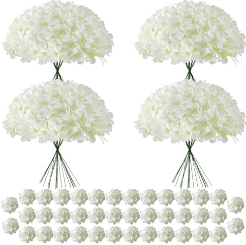 120Pcs White Hydrangea Artificial Flowers Bulk, Realistic Silk Fake Flowers with Stems, Faux Hydrangea Flowers