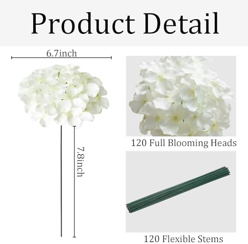 120Pcs White Hydrangea Artificial Flowers Bulk, Realistic Silk Fake Flowers with Stems, Faux Hydrangea Flowers, alternate