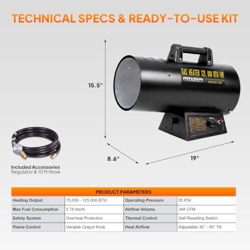 125,000BTU Forced Air Propane Heater with 10ft Hose and Regulator in Black, alternate view 2