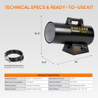 125,000BTU Forced Air Propane Heater with 10ft Hose and Regulator in Black, alternate view 2